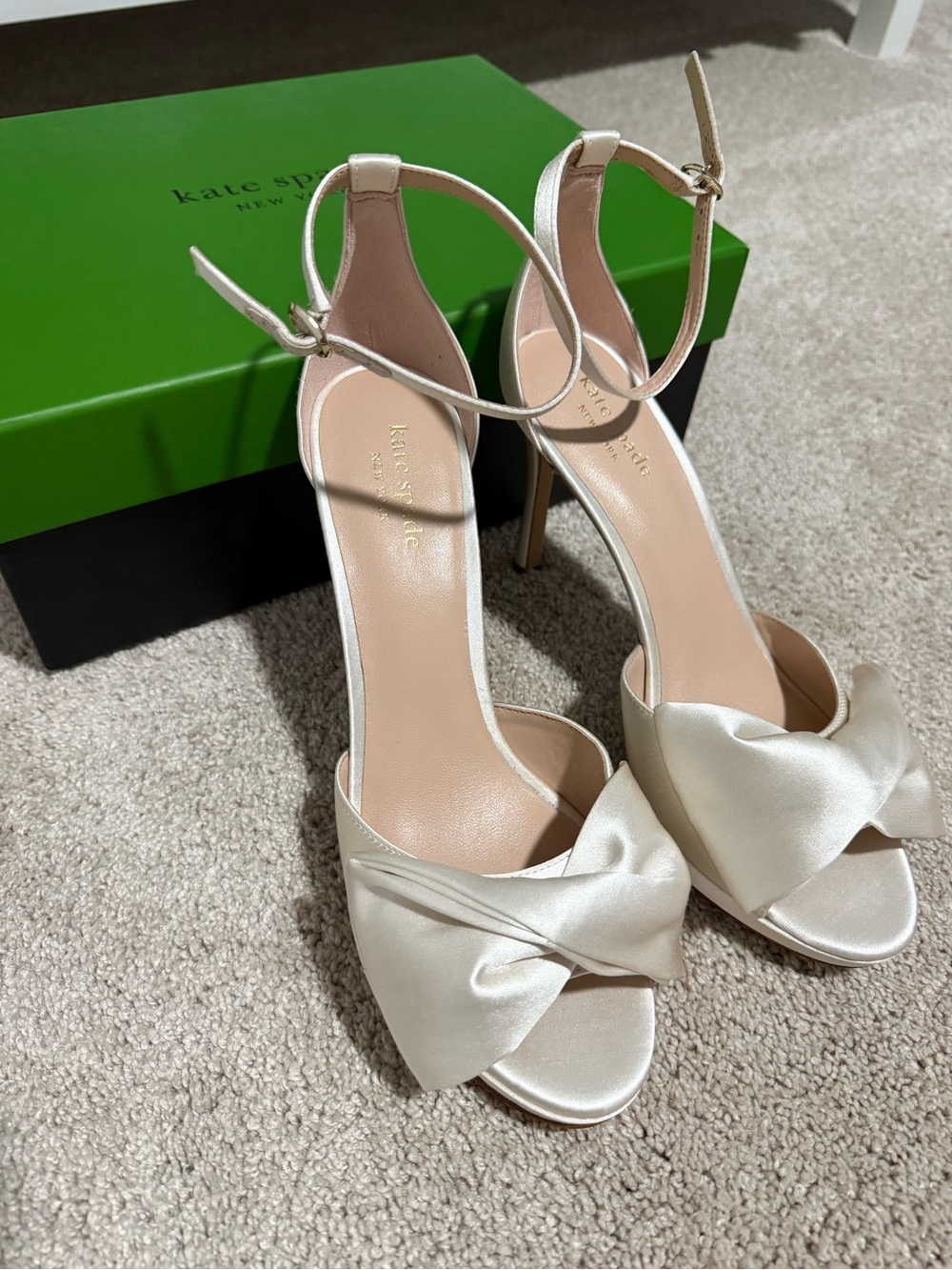 kate spade Ivory Satin Bow Ankle-Strap Heels with Stiletto